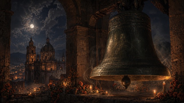 Editorial illustration for The Cursed Bell in Oaxaca de Juárez, Oaxaca.