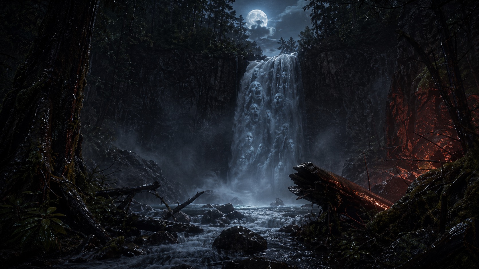 Editorial illustration for The Waterfall of Laments in Tlalmanalco, State of Mexico.