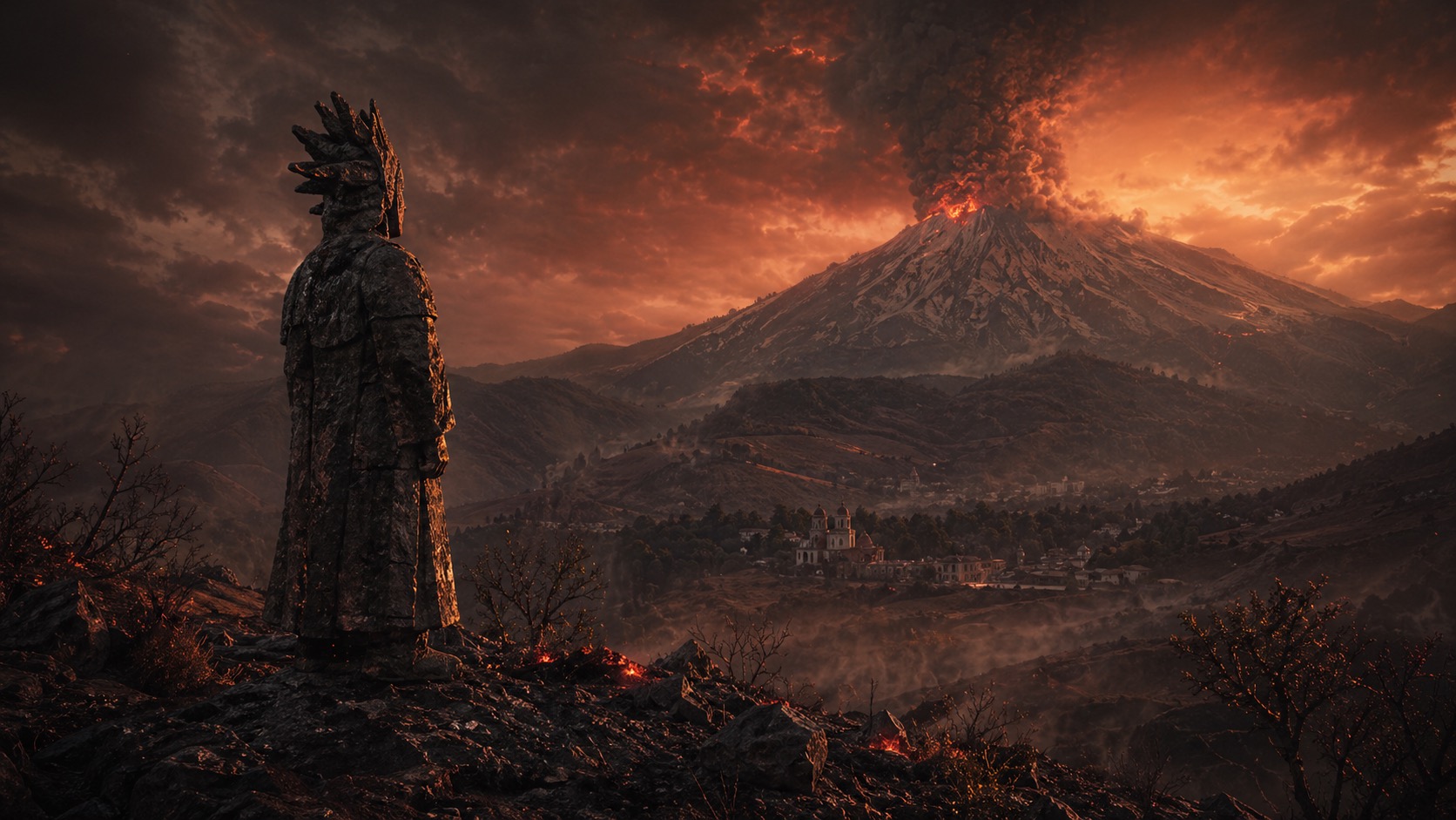 Editorial illustration for The Ash Sentinel in Atlautla, State of Mexico.