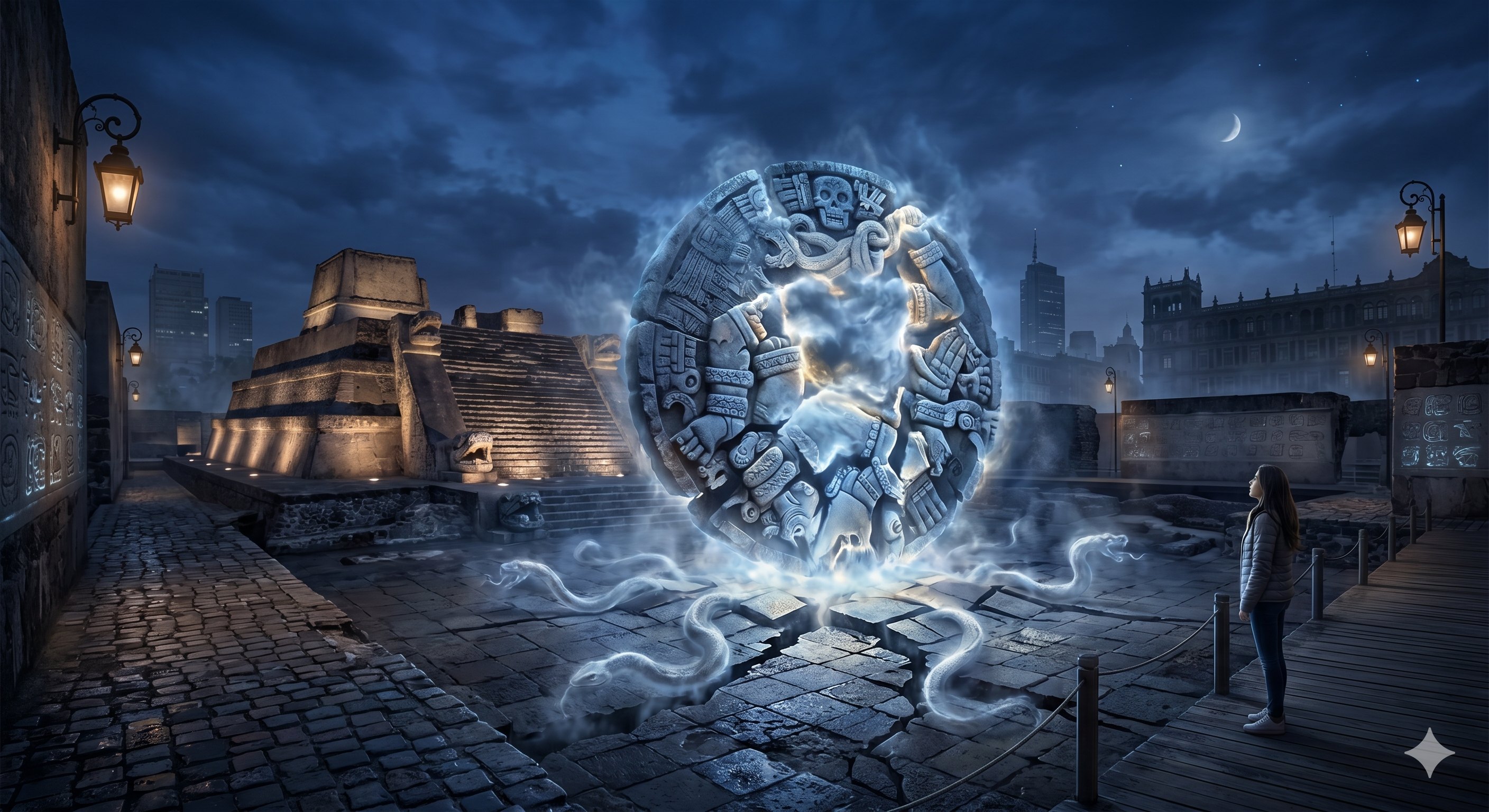 Editorial illustration for The Broken Moon of the Templo Mayor in Cuauhtémoc, Mexico City.