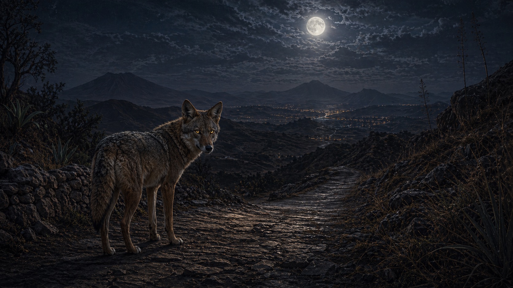 Editorial illustration for The Coyote of the Old Road in Nepantla, State of Mexico.