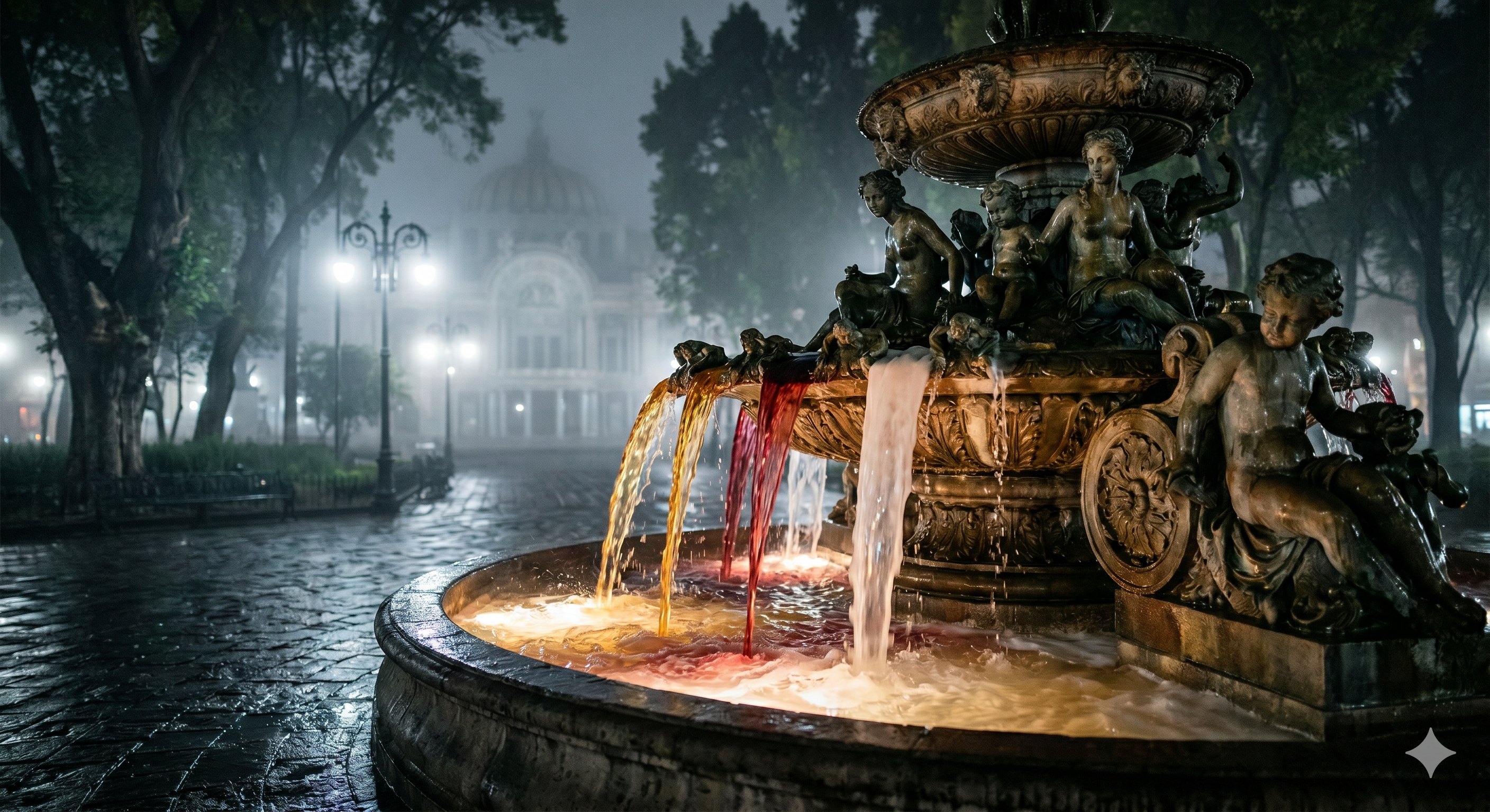 Editorial illustration for The Drunken Fountains of the Alameda in Cuauhtémoc, Mexico City.