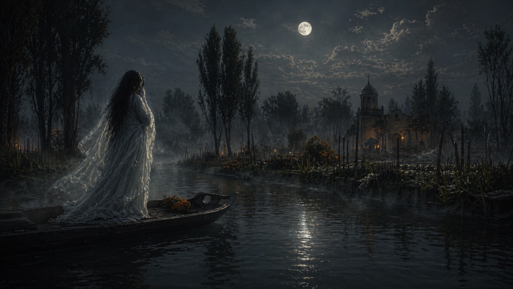 Editorial illustration for The Wailing Woman in Xochimilco, Mexico City.