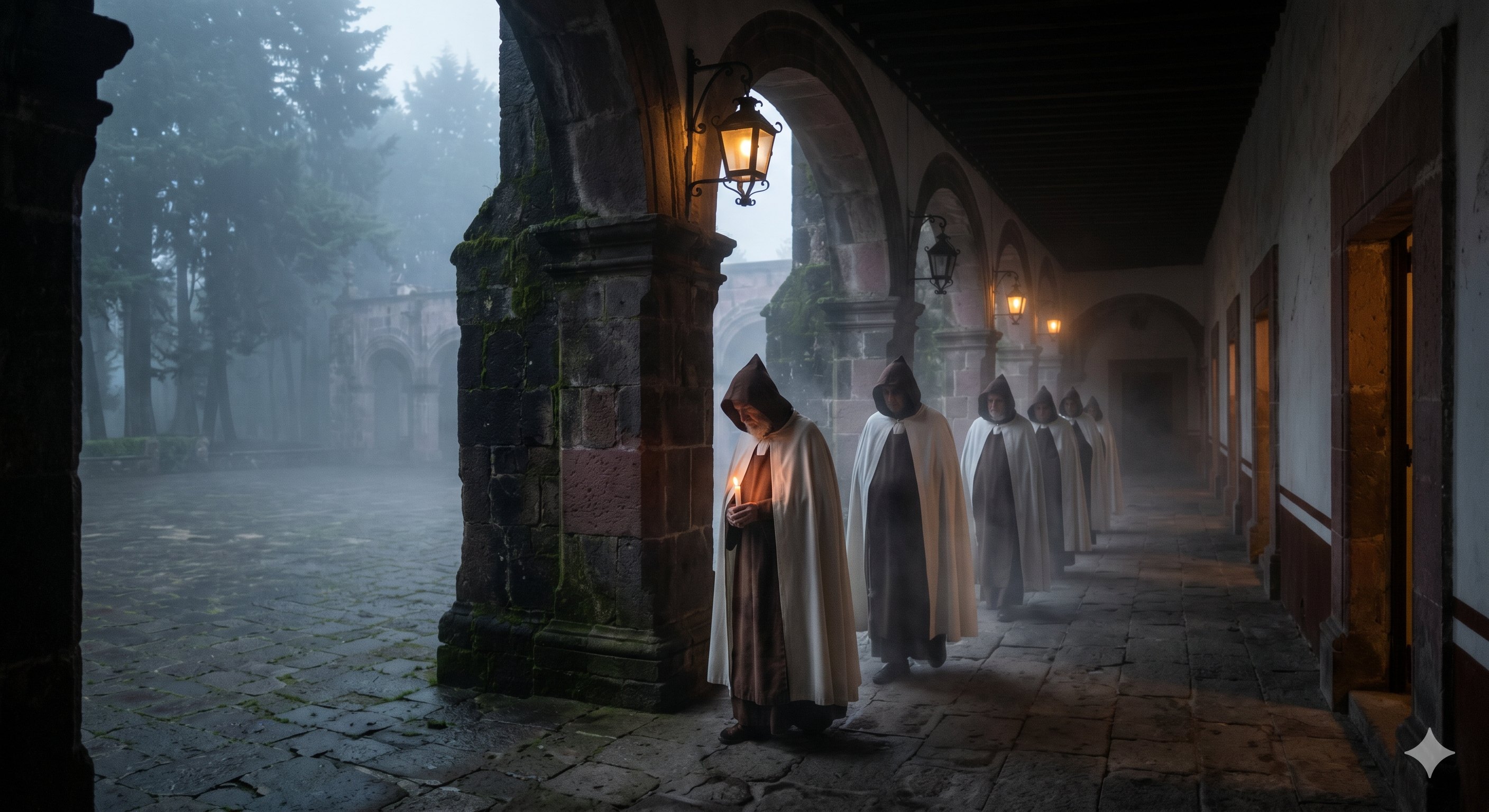 Editorial illustration for The Monks of Desierto de los Leones in Cuajimalpa de Morelos, Mexico City.