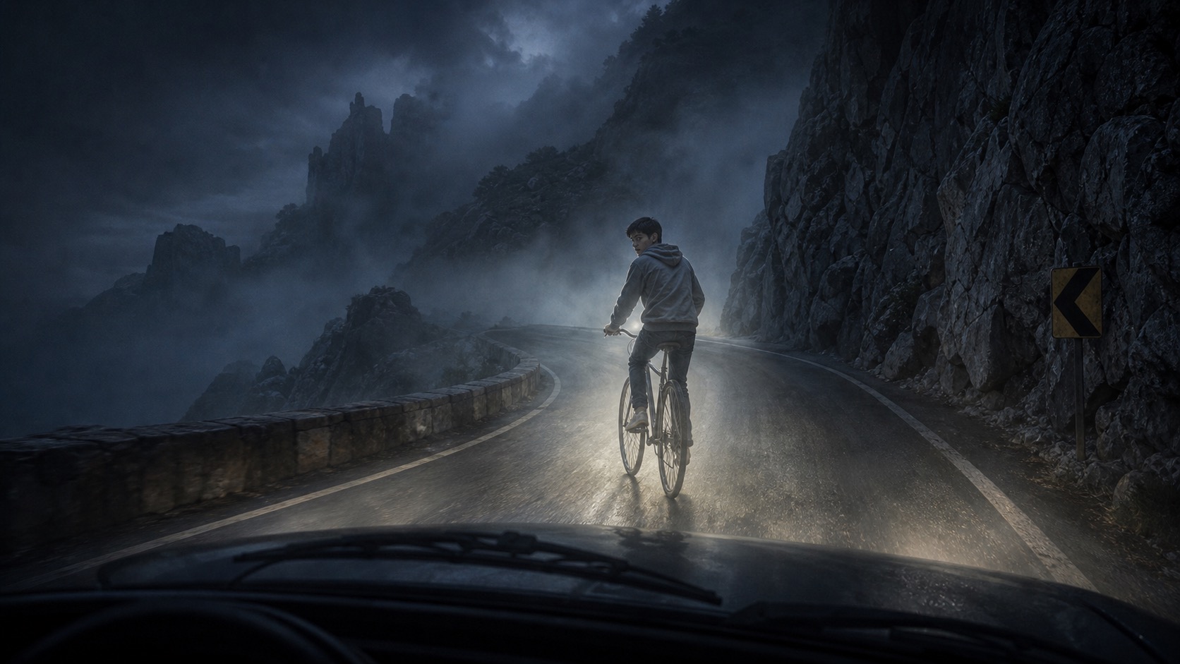 Editorial illustration for The Boy on the Bicycle of La Rumorosa in La Rumorosa, Baja California.