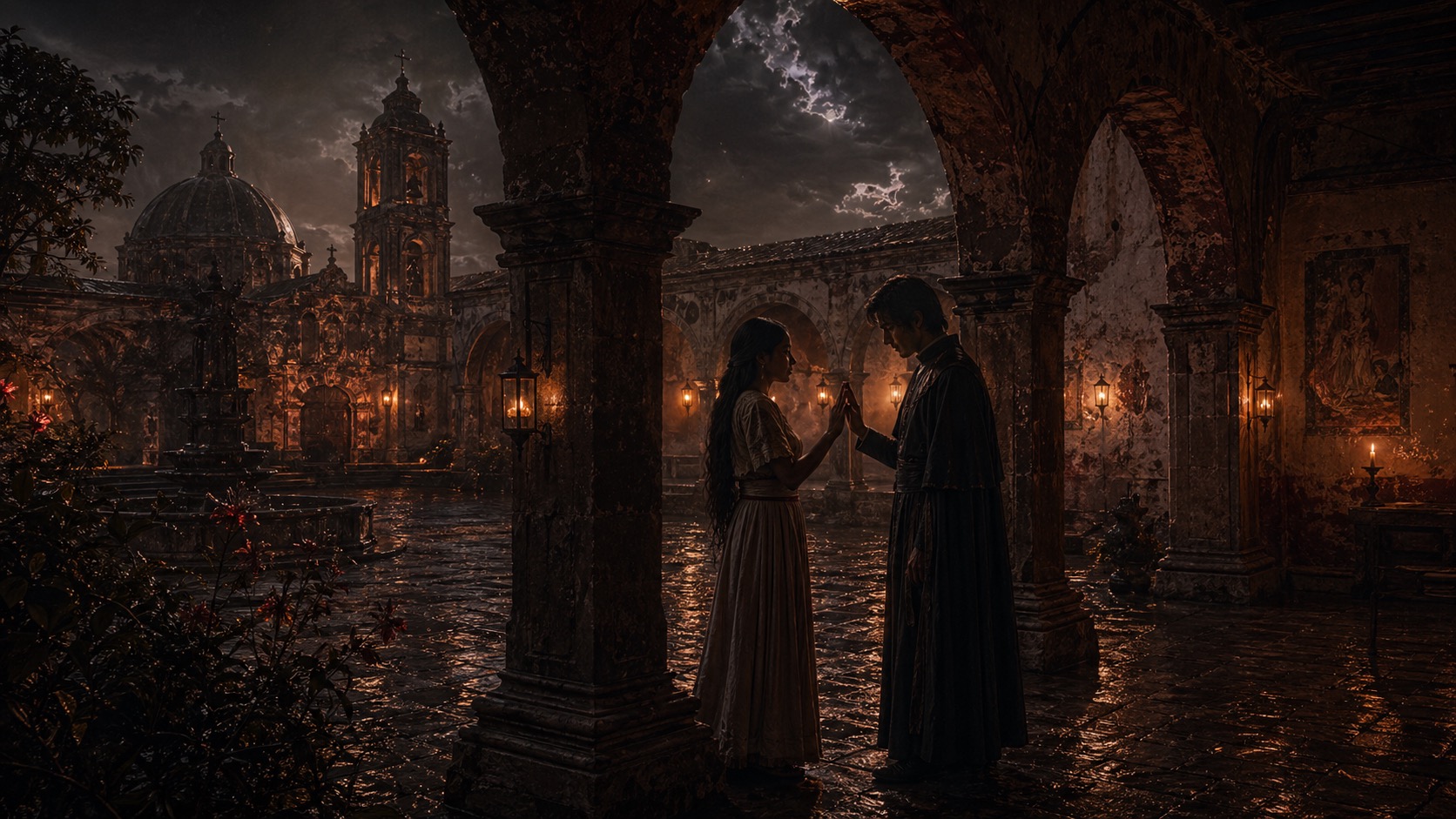 Editorial illustration for The Lovers of the Convent in Tlalmanalco, State of Mexico.