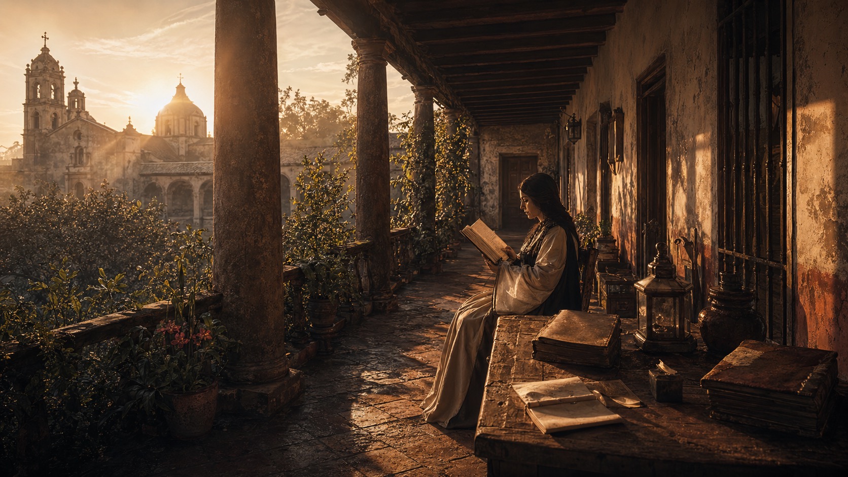 Editorial illustration for The Shadow of Sor Juana in Nepantla, State of Mexico.