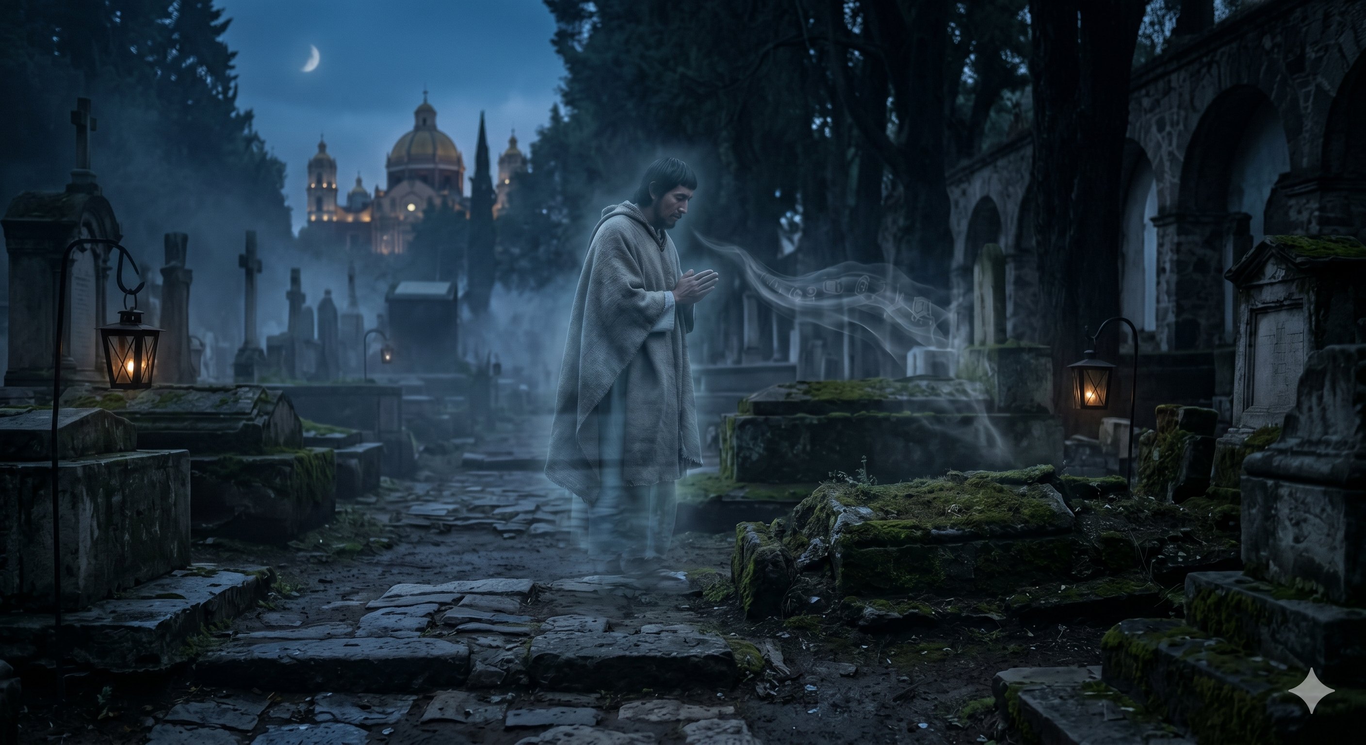 Editorial illustration for The Grave That Seeks Juan Diego in Gustavo A. Madero, Mexico City.
