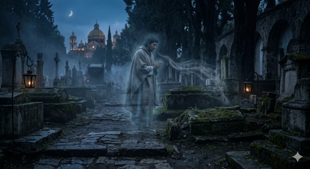 Editorial illustration for The Grave That Seeks Juan Diego in Gustavo A. Madero, Mexico City.